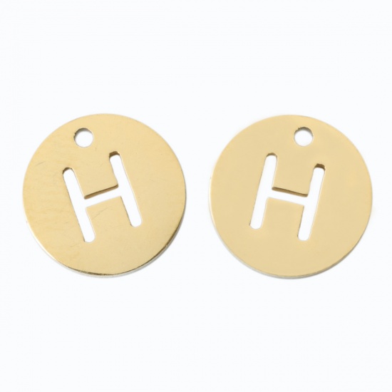 Picture of 304 Stainless Steel Charms Round Gold Plated Initial Alphabet/ Capital Letter Message " H " Hollow 10mm Dia., 2 PCs