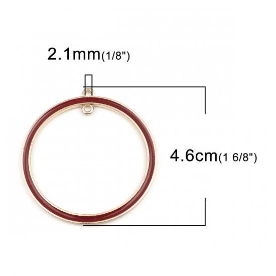 Picture of Zinc Based Alloy Connectors Circle Ring Gold Plated Wine Red Enamel 4.6cm x 4.3cm, 4 PCs