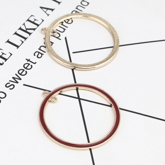 Picture of Zinc Based Alloy Connectors Circle Ring Gold Plated Wine Red Enamel 4.6cm x 4.3cm, 4 PCs