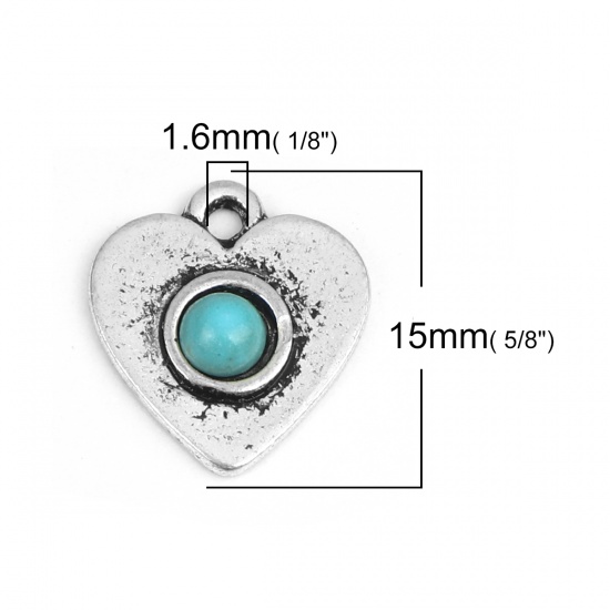 Picture of Zinc Based Alloy & Turquoise Boho Chic Bohemia Charms Heart Antique Silver Color Blue 15mm x 13mm, 10 PCs