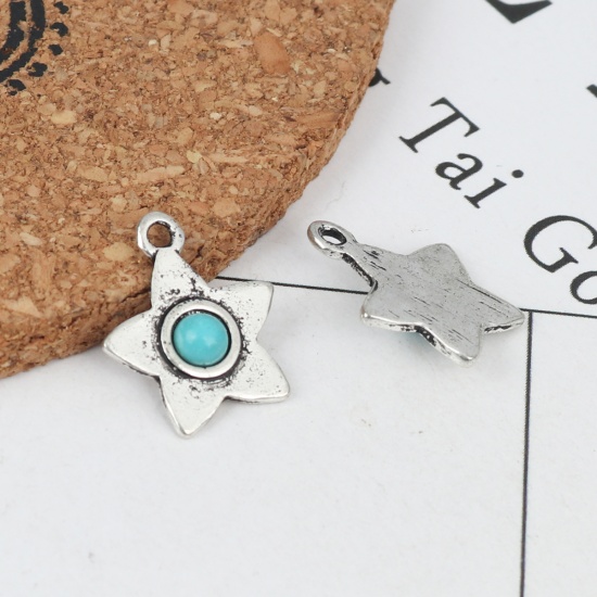 Picture of Zinc Based Alloy & Turquoise Boho Chic Bohemia Charms Pentagram Star Antique Silver Color Blue 17mm x 14mm, 10 PCs