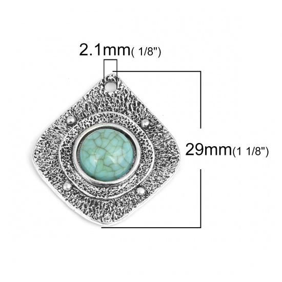 Picture of Zinc Based Alloy & Turquoise Boho Chic Bohemia Charms Rectangle Antique Silver Color Blue 29mm x 26mm, 5 PCs