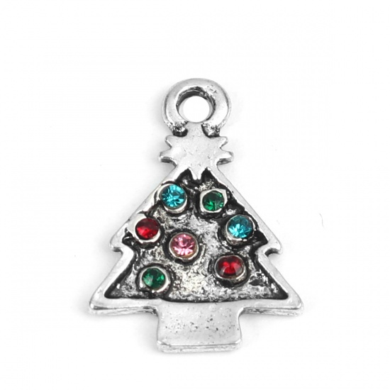 Picture of Zinc Based Alloy Charms Christmas Tree Antique Silver Color Multicolor Rhinestone 18mm x 14mm, 10 PCs