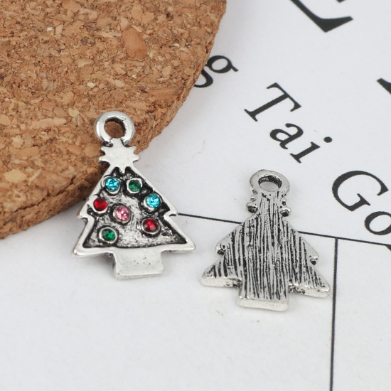 Picture of Zinc Based Alloy Charms Christmas Tree Antique Silver Color Multicolor Rhinestone 18mm x 14mm, 10 PCs