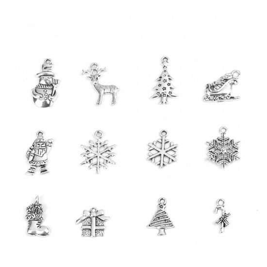 Picture of Zinc Based Alloy Charms Sika Deer Antique Silver Color Christmas Tree Mixed 27mm x 13mm - 17mm x 8mm, 1 Set ( 12 PCs/Set)