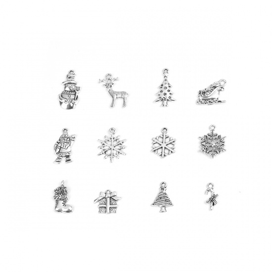 Picture of Zinc Based Alloy Charms Sika Deer Antique Silver Color Christmas Tree Mixed 27mm x 13mm - 17mm x 8mm, 1 Set ( 12 PCs/Set)