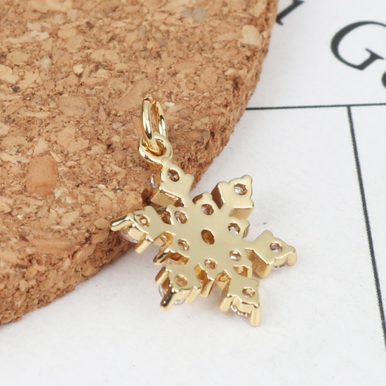 Picture of Brass Weather Collection Charms Gold Plated Christmas Snowflake Micro Pave Clear Rhinestone 20mm x 14mm, 1 Piece                                                                                                                                              