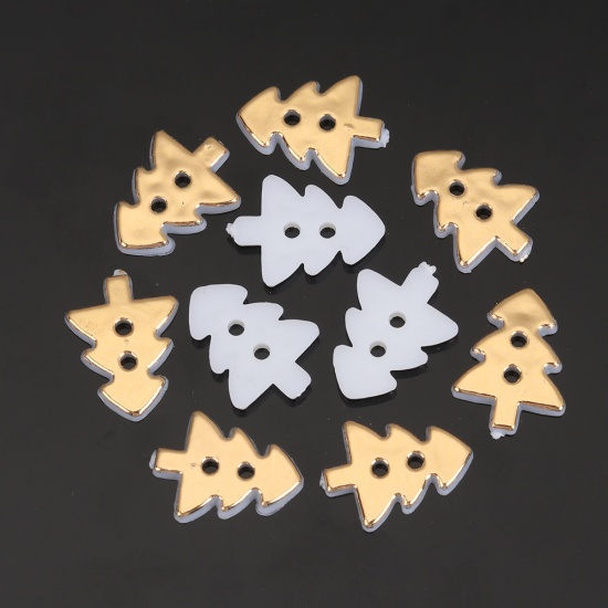Picture of Resin Sewing Buttons Scrapbooking 2 Holes Christmas Tree Golden 17mm x 13mm, 100 PCs
