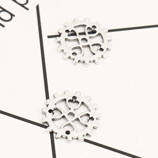 Image de Connecteurs à Lustre en Alliage de Zinc Roue Dentée Argent Vieilli Fleurs Creuses 18mm x 18mm, 60 Pcs