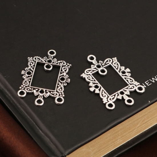 Picture of Zinc Based Alloy Chandelier Connectors Rectangle Antique Silver Color Filigree 3.1cm x 2cm, 50 PCs