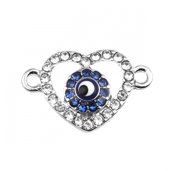 Picture of Zinc Based Alloy Connectors Heart Silver Tone Black & White Evil Eye Hollow Clear & Blue Rhinestone 19mm x 12mm, 4 PCs