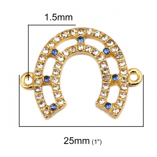 Immagine di Lega di Zinco Connettore Accessori Ferro di Cavallo 18K Vero Oro Placcato Bianco & Blu Filigrana Trasparente & Blu Strass 25mm x 20mm, 5 Pz