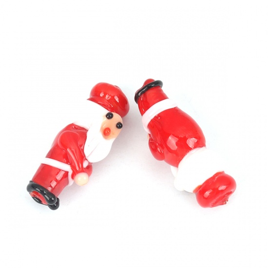 Picture of Lampwork Glass Beads Christmas Santa Claus White & Red About 28mm x 10mm, 2 PCs