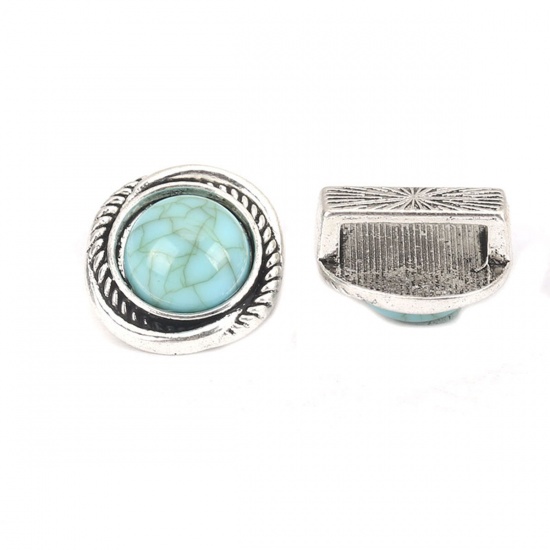 Picture of Zinc Based Alloy Slide Beads Irregular Antique Silver Green Blue About 16mm x 15mm, Hole:Approx 10.9mm x 2.7mm 5 PCs