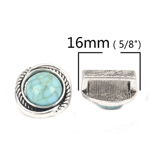 Picture of Zinc Based Alloy Slide Beads Irregular Antique Silver Green Blue About 16mm x 15mm, Hole:Approx 10.9mm x 2.7mm 5 PCs
