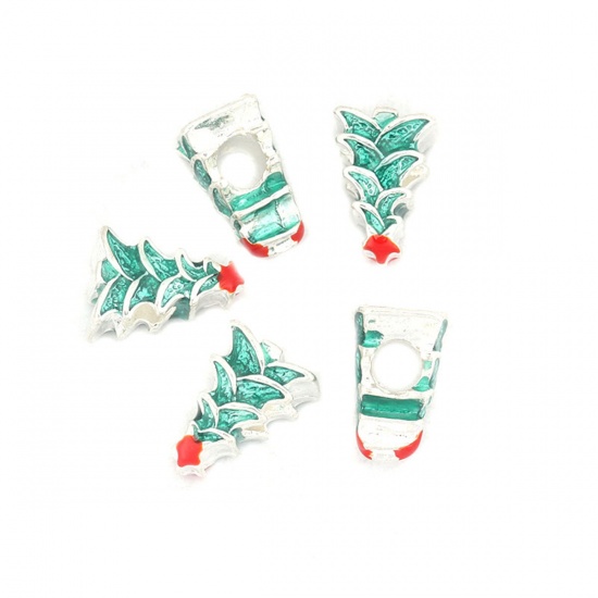 Picture of Zinc Based Alloy Beads Christmas Tree Silver Plated Red & Green Enamel About 14mm x 10mm, Hole: Approx 4.4mm, 5 PCs