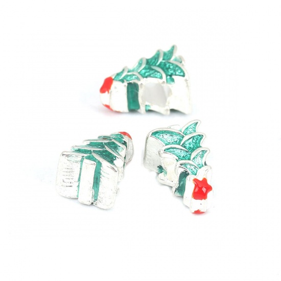 Picture of Zinc Based Alloy Beads Christmas Tree Silver Plated Red & Green Enamel About 14mm x 10mm, Hole: Approx 4.4mm, 5 PCs