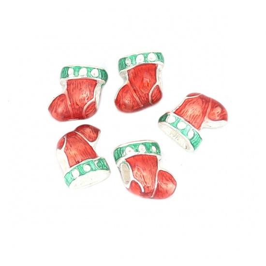 Immagine di Lega di Zinco Natale Perline Calze Argento Placcato Rosso & Verde Smalto (Può Tenere ss4 Strass Appuntito Indietro) Circa 13mm x 13mm, Foro:Circa 4.1mm, 5 Pz