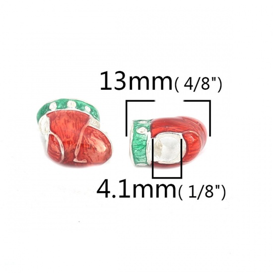 Picture of Zinc Based Alloy Christmas Beads Sock Silver Plated Red & Green Enamel (Can Hold ss4 Pointed Back Rhinestone) About 13mm x 13mm, Hole: Approx 4.1mm, 5 PCs