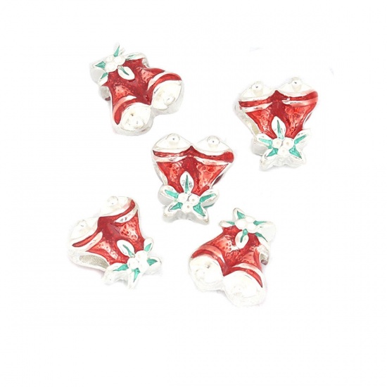 Picture of Zinc Based Alloy Beads Christmas Jingle Bell Silver Plated Red & Green Enamel (Can Hold ss4 Pointed Back Rhinestone) About 13mm x 12mm, Hole: Approx 4.1mm, 5 PCs