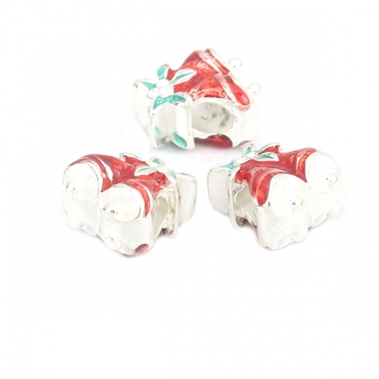 Picture of Zinc Based Alloy Beads Christmas Jingle Bell Silver Plated Red & Green Enamel (Can Hold ss4 Pointed Back Rhinestone) About 13mm x 12mm, Hole: Approx 4.1mm, 5 PCs