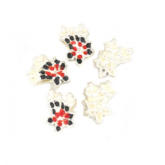 Picture of Zinc Based Alloy Christmas Beads Bell Silver Plated Black & Red Christmas Snowflake Enamel About 16mm x 12mm, Hole: Approx 4.8mm, 5 PCs