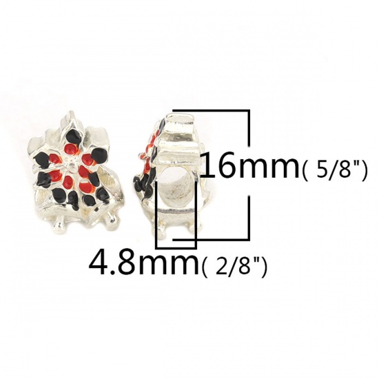 Picture of Zinc Based Alloy Christmas Beads Bell Silver Plated Black & Red Christmas Snowflake Enamel About 16mm x 12mm, Hole: Approx 4.8mm, 5 PCs