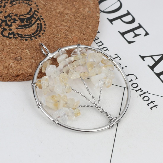 Picture of (Grade A) Quartz Rock Crystal ( Natural ) Pendants Silver Tone White Round Tree Hollow 5.6cm x 4.9cm, 1 Piece