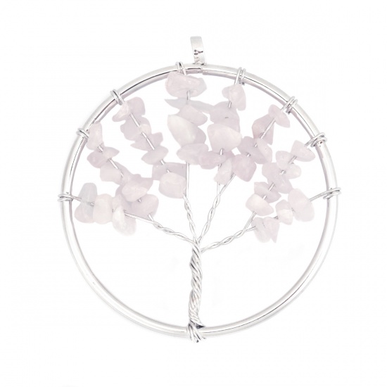 Picture of (Grade A) Rose Quartz ( Natural ) Pendants Silver Tone Light Pink Round Wrapped 5.6cm x 5cm, 1 Piece