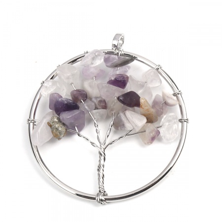 (Grade A) Amethyst ( Natural ) Pendants Silver Tone Purple Round Tree Hollow 5.7cm x 5.2cm, 1 Piece