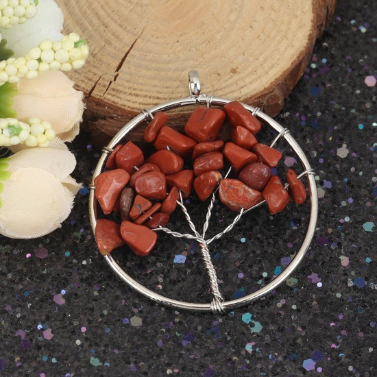 Picture of (Grade A) Stone ( Natural ) Pendants Silver Tone Dark Red Round Wrapped 5.6cm x 5cm, 1 Piece