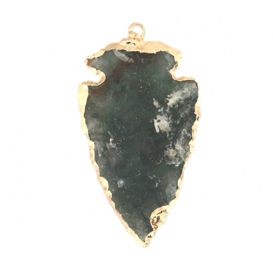 Picture of (Grade A) India Agate ( Natural ) Pendants Arrowhead Gold Plated Dark Green 5cm x 2.7cm, 1 Piece