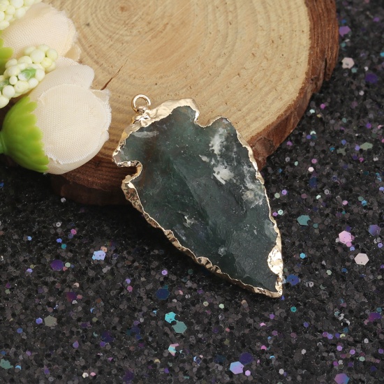 Picture of (Grade A) India Agate ( Natural ) Pendants Arrowhead Gold Plated Dark Green 5cm x 2.7cm, 1 Piece