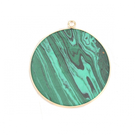 Picture of (Grade B) Malachite ( Natural ) Pendants Round Gold Plated Black & Green 4.4cm x 4cm, 1 Piece