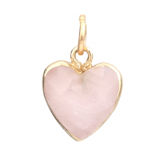 Picture of (Grade A) Rose Quartz ( Natural ) Charms Gold Plated Dark Pink Heart W/ Jump Ring 19mm x 12mm, 1 Piece