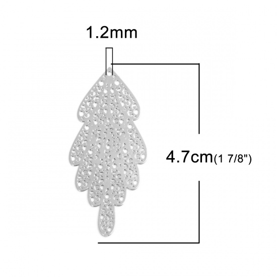 Picture of Zinc Based Alloy Pendants Feather Silver Tone Filigree 4.7cm x 2cm, 5 PCs