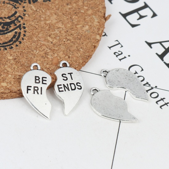 Picture of Zinc Based Alloy Best Friends Charms Broken Heart Antique Silver Message " Best Friends " 23mm x 13mm, 10 Sets( 2 PCs/Set)