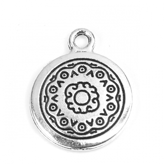 Picture of Zinc Based Alloy Cabochon Settings Charms Round Antique Silver Carved Pattern (Fits 13.5mm ) 20mm x 16mm, 30 PCs