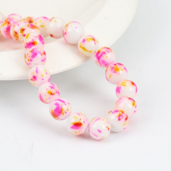 Picture of Glass Beads Round Fuchsia & Yellow About 9mm - 8mm Dia, Hole: Approx 1.2mm, 32.5cm(12 6/8") long, 1 Strand (Approx 42 PCs/Strand)