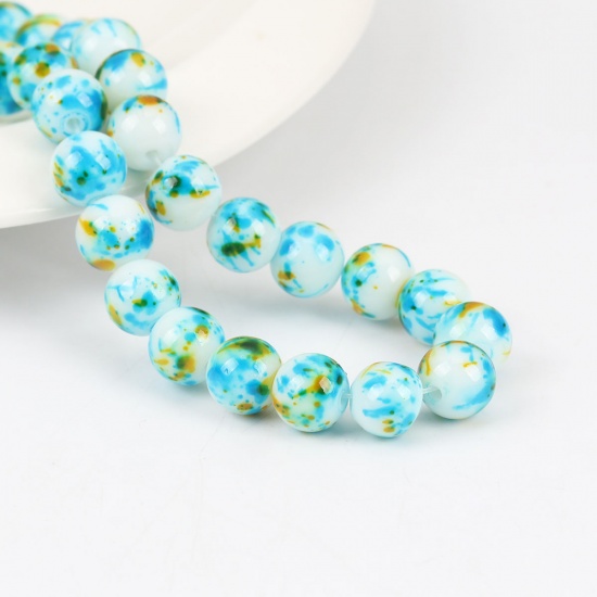 Picture of Glass Beads Round Yellow & Blue About 9mm - 8mm Dia, Hole: Approx 1.2mm, 32.5cm(12 6/8") long, 1 Strand (Approx 42 PCs/Strand)