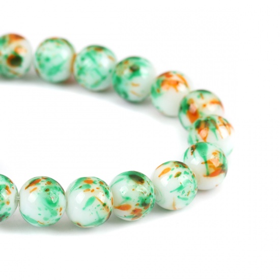 Picture of Glass Beads Round Green & Orange About 9mm - 8mm Dia, Hole: Approx 1.2mm, 32.5cm(12 6/8") long, 1 Strand (Approx 42 PCs/Strand)