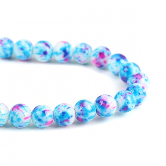 Picture of Glass Beads Round Blue & Fuchsia About 9mm - 8mm Dia, Hole: Approx 1.2mm, 32.5cm(12 6/8") long, 1 Strand (Approx 42 PCs/Strand)