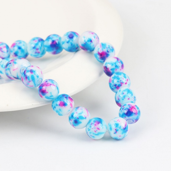 Picture of Glass Beads Round Blue & Fuchsia About 9mm - 8mm Dia, Hole: Approx 1.2mm, 32.5cm(12 6/8") long, 1 Strand (Approx 42 PCs/Strand)