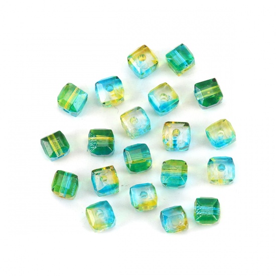 Picture of Glass Beads Square Green & Yellow Two Tone Faceted About 5mm x 5mm, Hole: Approx 1.4mm, 100 PCs