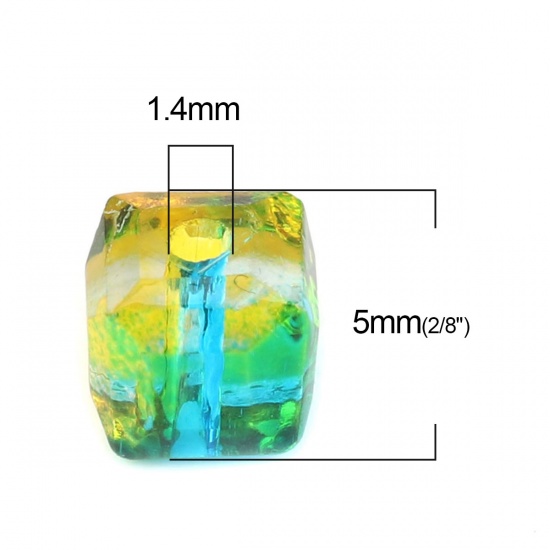 Picture of Glass Beads Square Green & Yellow Two Tone Faceted About 5mm x 5mm, Hole: Approx 1.4mm, 100 PCs