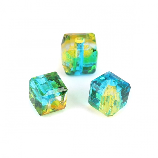 Picture of Glass Beads Square Green & Yellow Two Tone Faceted About 5mm x 5mm, Hole: Approx 1.4mm, 100 PCs