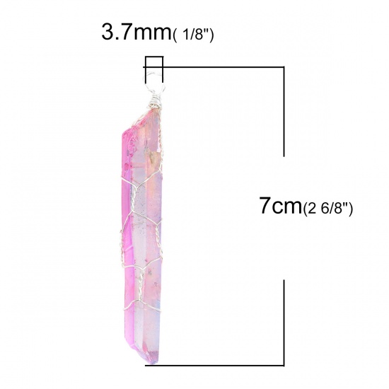 Picture of (Grade A) Crystal ( Natural ) Pendants Silver Plated Fuchsia Geometric Wrapped 7cm x 1.1cm, 1 Piece