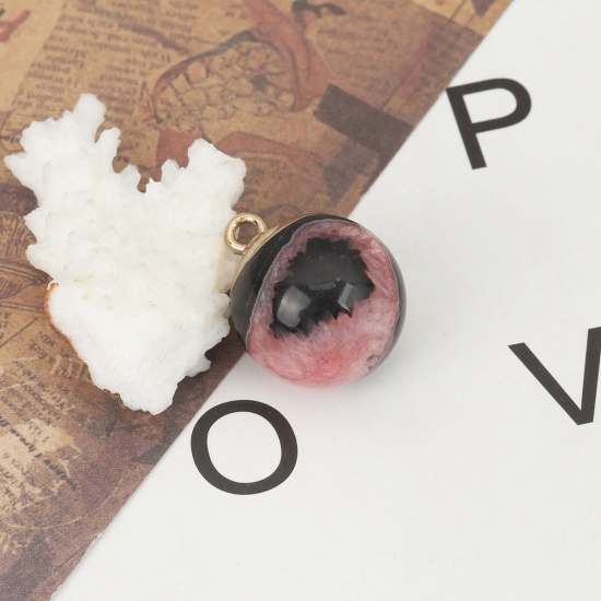 Image de (Classement A) Breloques en Agate ( Naturel ) Balle Doré Noir & Rose 25mm x 20mm, 1 Pièce