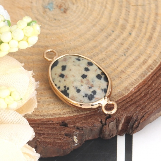 Picture of Stone ( Natural ) Connectors Oval Gold Plated Black & Khaki Spot 27mm x 14mm, 1 Piece