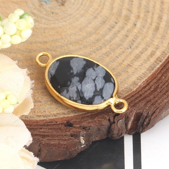 Picture of (Grade A) Stone ( Natural ) Connectors Oval Gold Plated Black & Gray 27mm x 14mm, 1 Piece